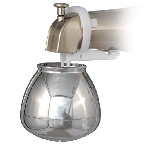 The Sprite Bath Ball Water Filter - Chrome attached to a stainless steel faucet adapter, along with a detachable round-bottomed catch container filled with Chlorgon media for effective water filtration.