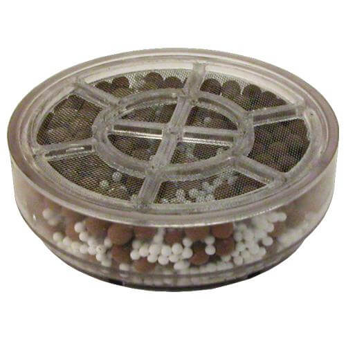 The Sprite BBC Bath Ball Replacement Cartridge from Sprite is a round, transparent filter featuring internal grid lines showing the patented Chlorgon media.