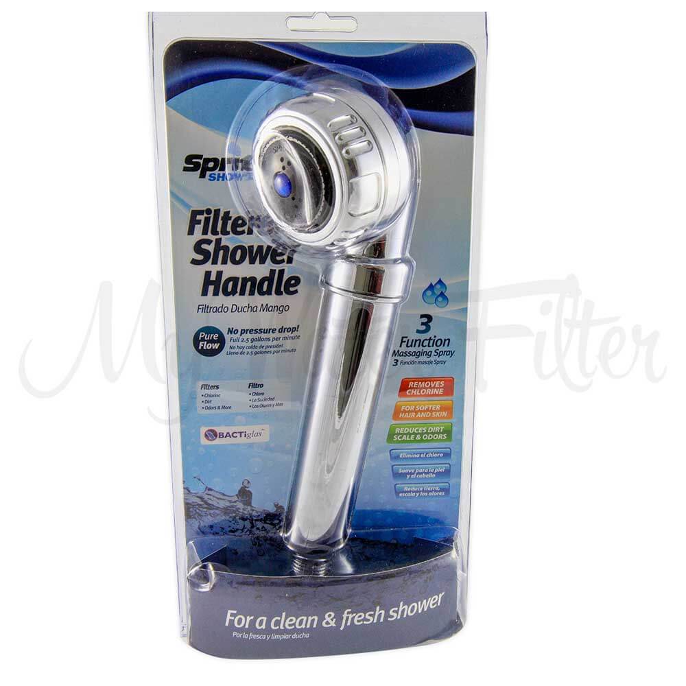 A Sprite Original Hand Held Filtered Shower Handle inside a package, featuring a sleek chrome finish and advanced filtration technology. This 3-function shower handle from Sprite effortlessly combines style with functionality to ensure every shower is pure and refreshing.