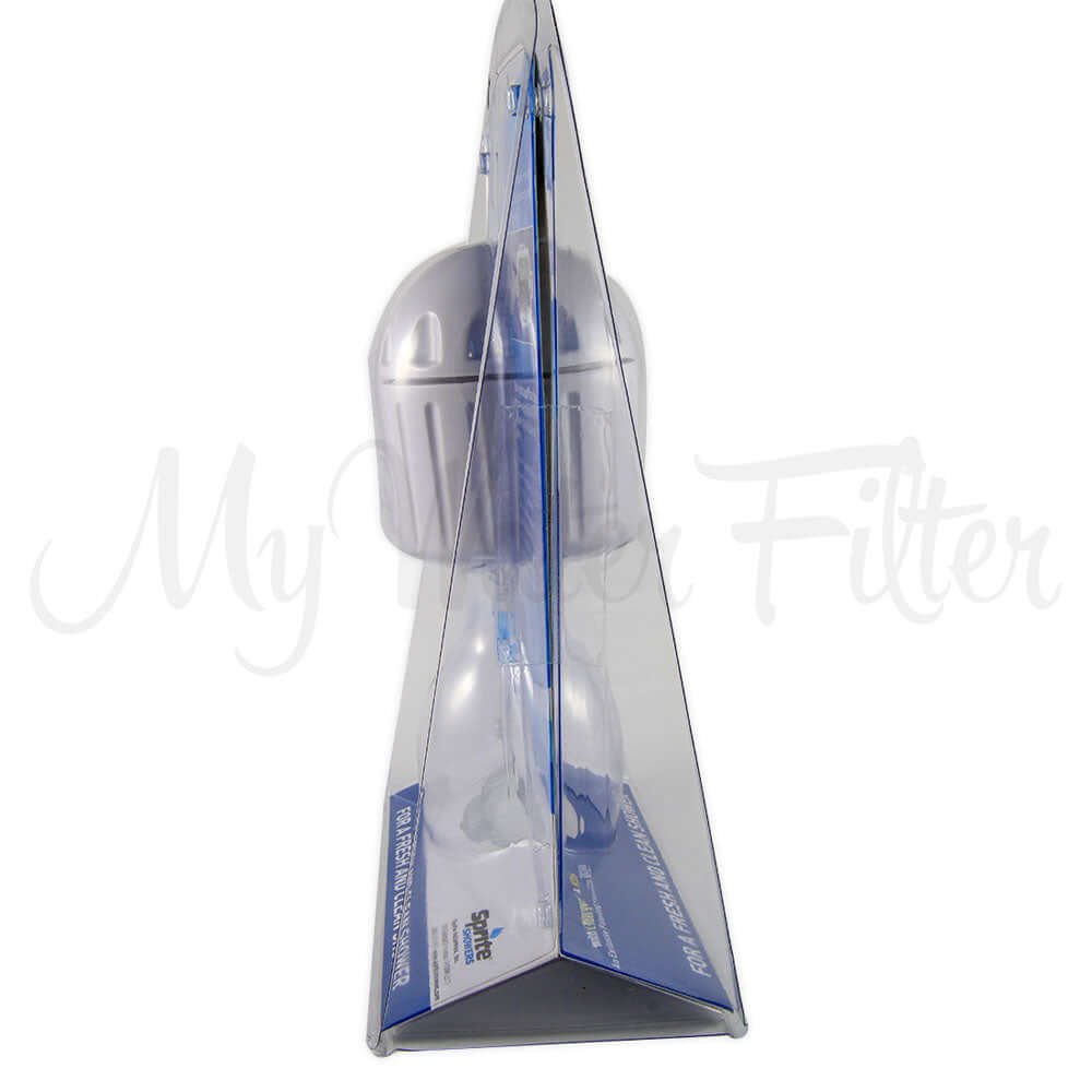A side view of the Sprite High Output Shower Filter in White inside a package, which includes a triangular cardboard backing and a clear plastic front.