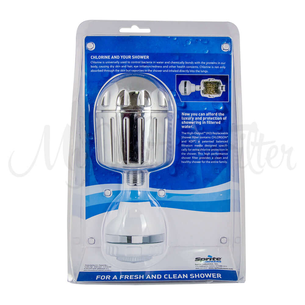 The back portion of Sprite High Output Shower Filter - Chrome inside the package highlighting its features for a refreshing and chlorine-free shower experience.
