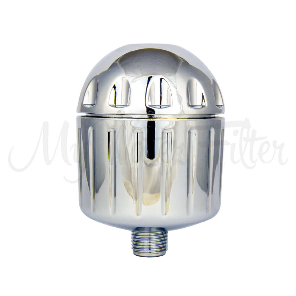 The Sprite High Output Shower Filter by Sprite features a chrome finish, a dome-shaped design, and a threaded connector, providing high output performance for chlorine-free showers.