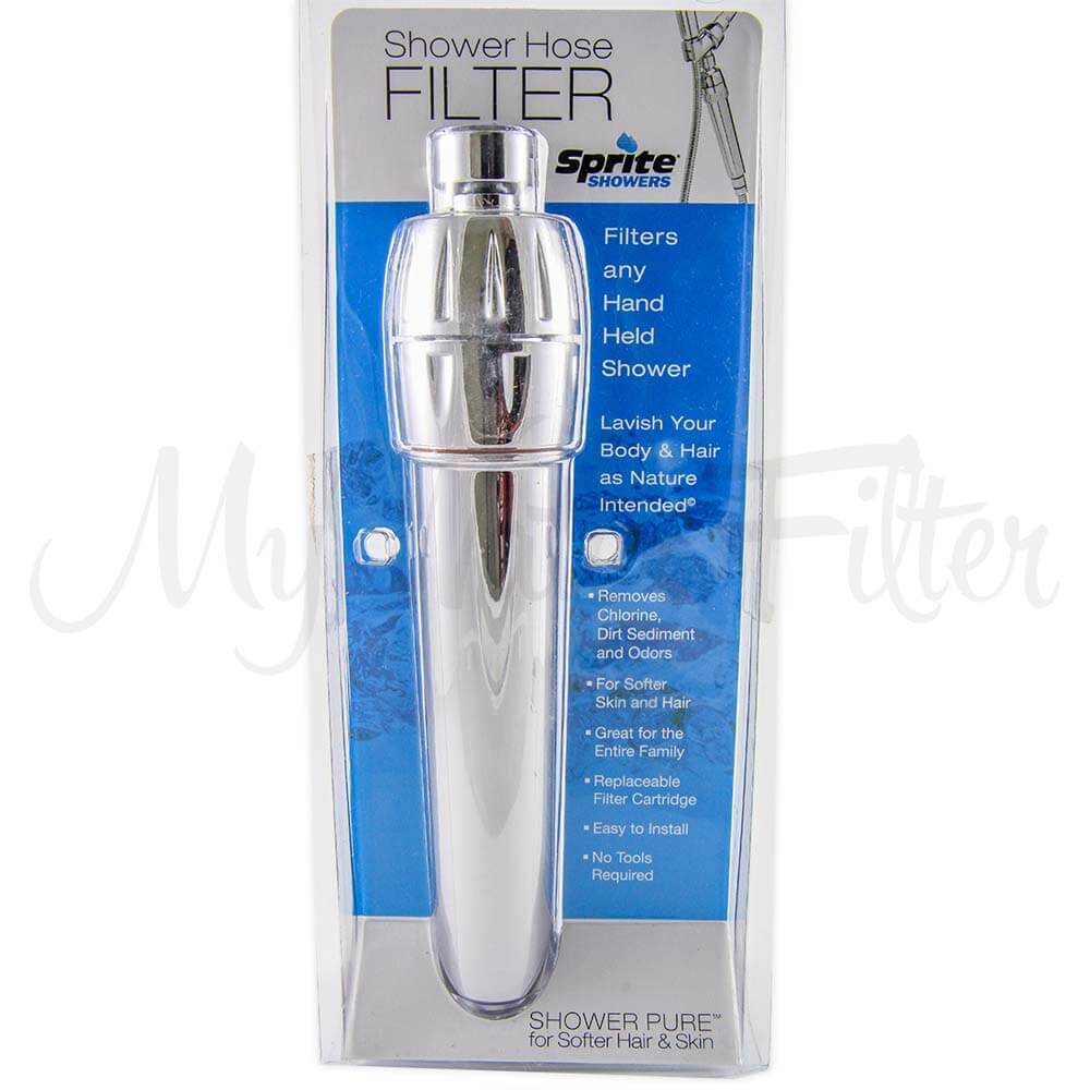 The packaging for the Sprite Hose Shower Filter - Chrome by Sprite highlights its branding and prominently displays benefits such as chlorine removal, ensuring a cleaner shower experience.