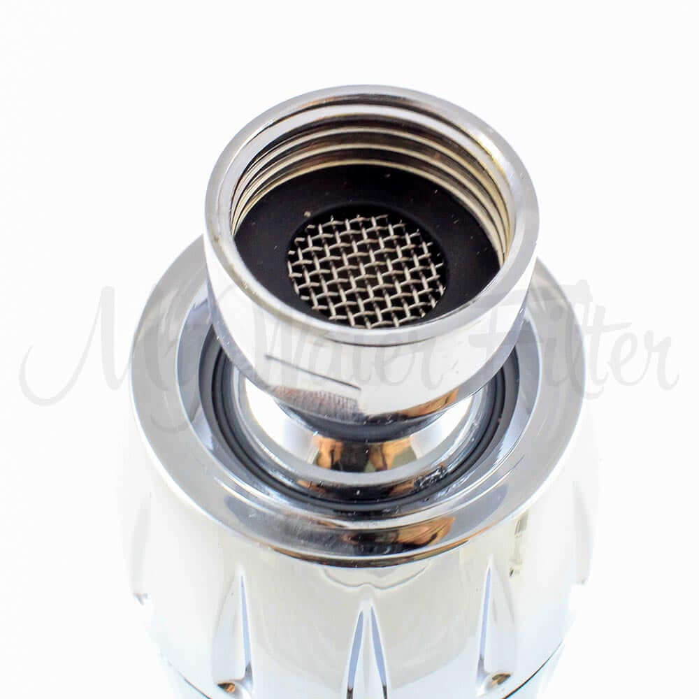 Close-up of a Sprite chrome shower filter aerator featuring a fine mesh filter for effective chlorine removal, providing clean and refreshing water. Viewed from above, it ensures purity and efficiency in your daily routine.