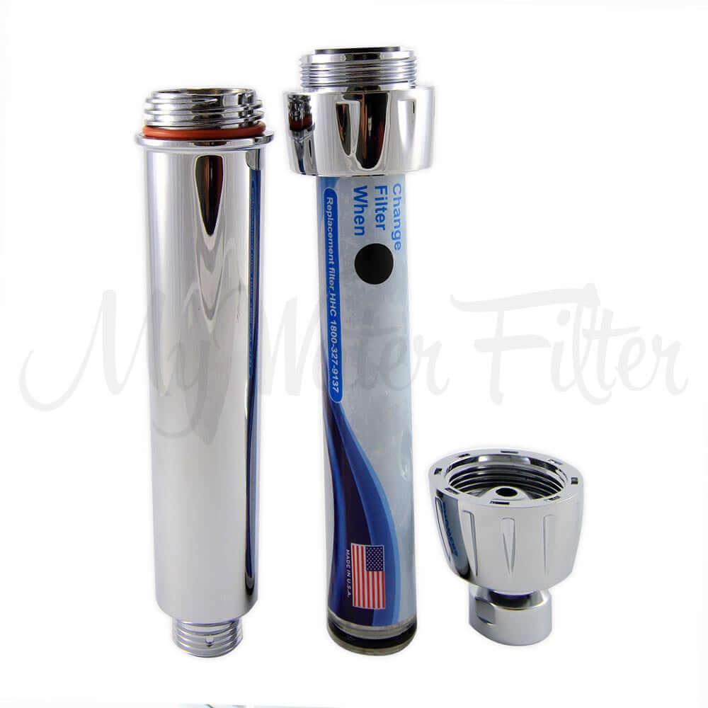 Three components of the Sprite Hose Shower Filter - Chrome by Sprite are displayed on a white background, designed for effective chlorine removal in your shower.
