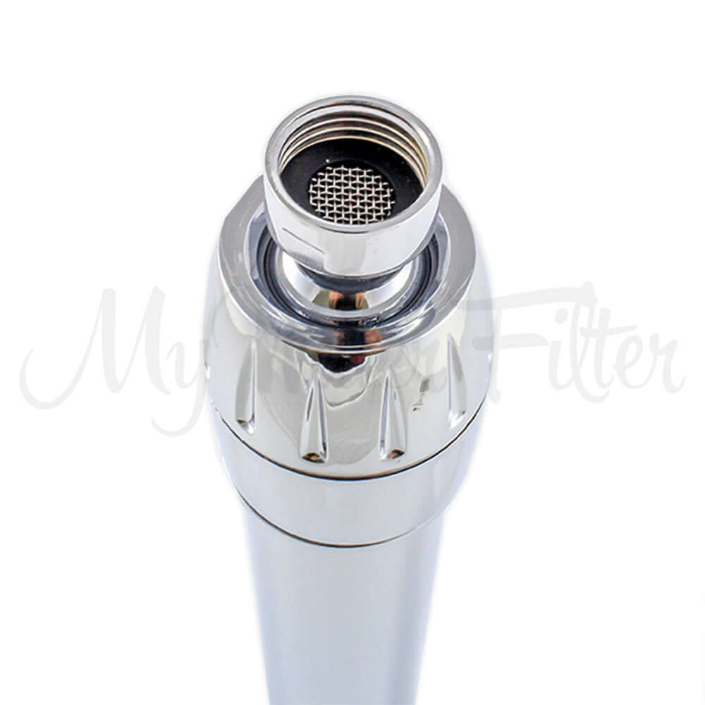 Close-up of the Sprite Hose Shower Filter in chrome, highlighting its chlorine removal feature with a threaded attachment and mesh screen.