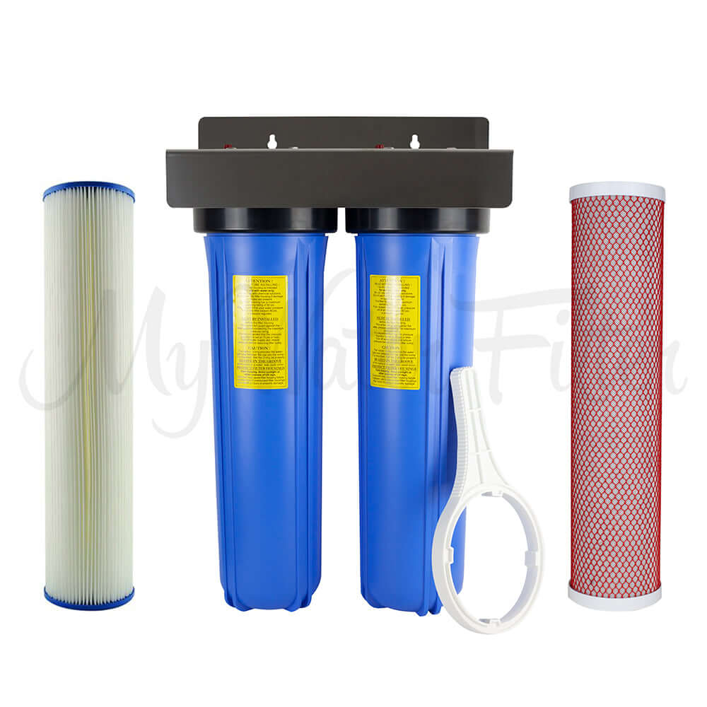 The MWF 20" x 4.5" Twin Big Blue Whole House Rain Water Tank Water Filter System with Aragon from My Water Filter highlights its efficient design, featuring two blue filters, a wrench, and two replacement cartridges against a white backdrop.