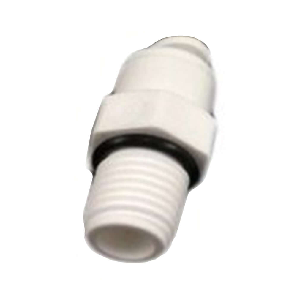 Close-up of a Straight Quick Connector with 1/4" male threaded ends to 1/4" tube and a black rubber ring.