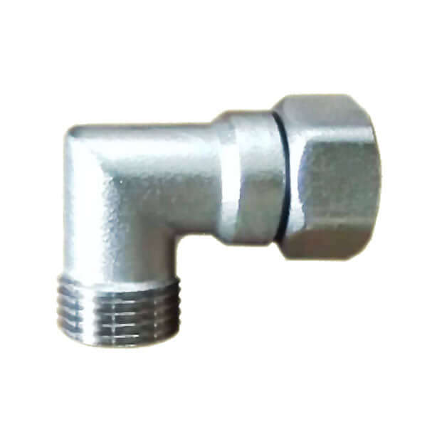 The Aquasana 90 Degree Shower Filter Elbow with Swivel Ends for 1/2" BSP connectors, featuring a metal construction with a threaded male end and hexagonal female end, is displayed against a white background.