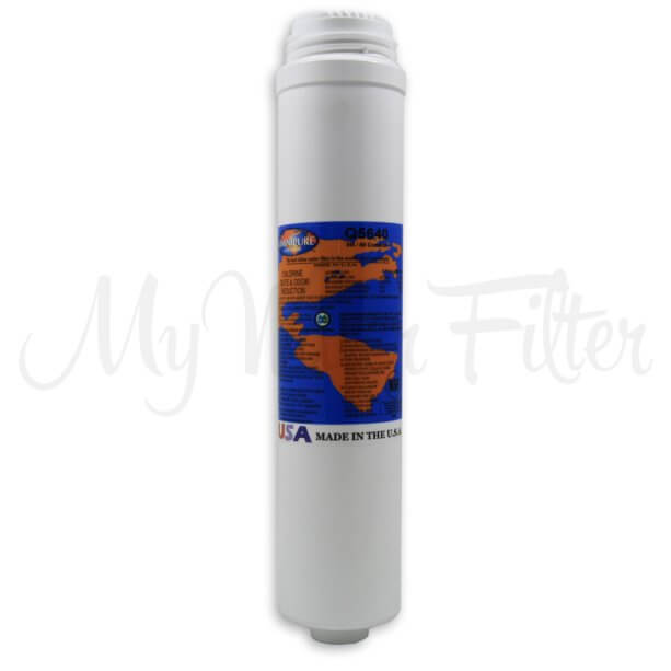 An Omnipure Q5640 5 Micron Quick Change white granular activated carbon water filter cartridge, featuring an orange label