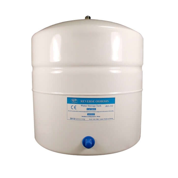 White storage tank with blue label and valve for HPF 7 Stage Reverse Osmosis System.