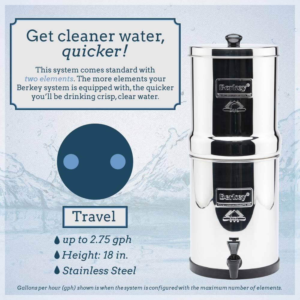 A stainless steel Travel Berkey with its features.
