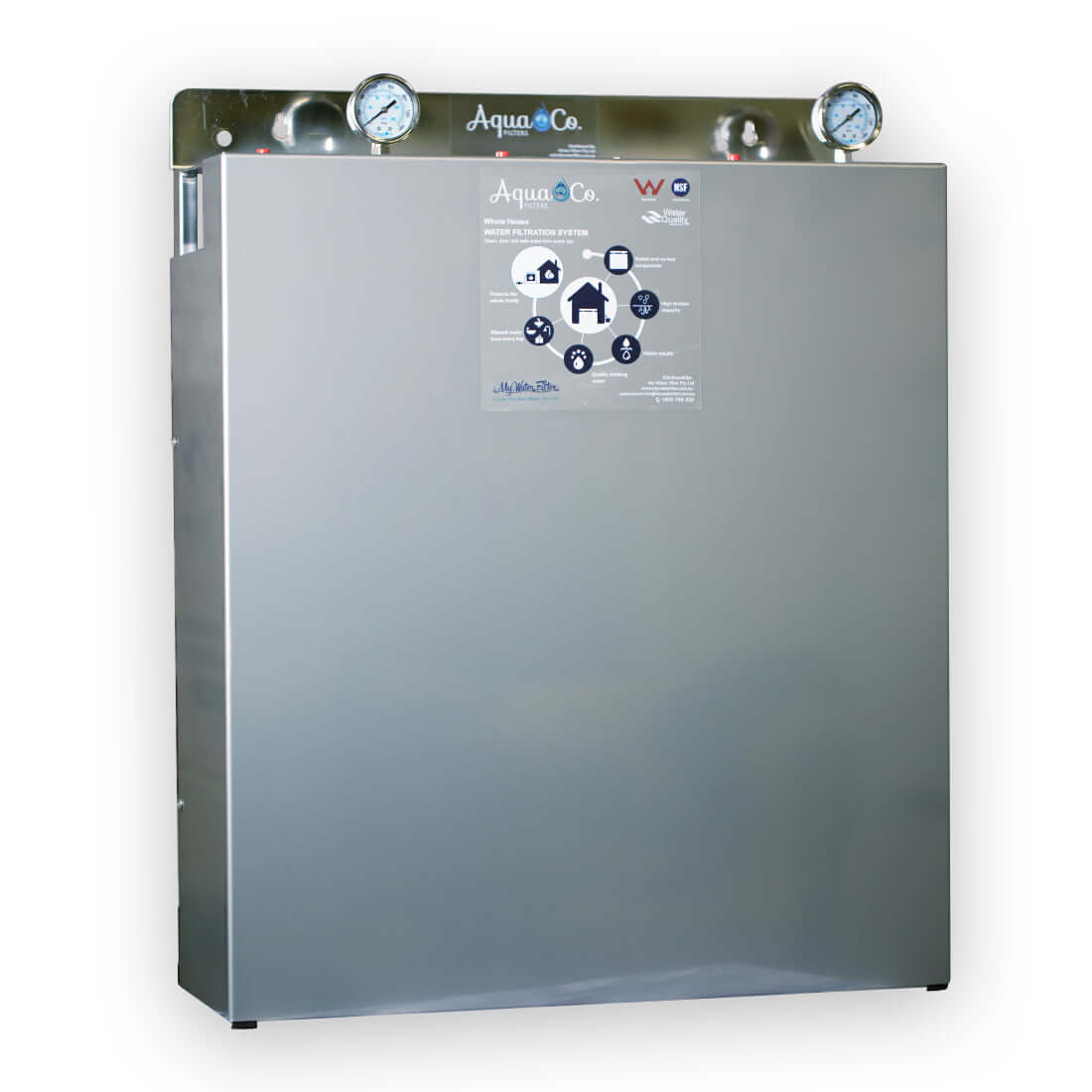 The AquaCo Premium Triple Stage Whole House Water Filter boasts a sleek silver design with a durable triple-stage filtration system, featuring two gauges on top and a label adorned with icons on the front.