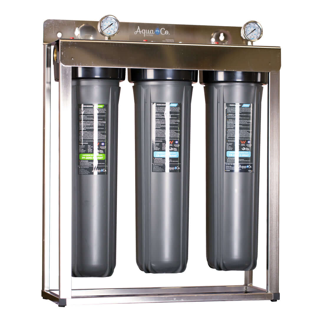 The AquaCo Classic Triple Whole House Water Filter includes three vertical housings and pressure gauges on top, all enclosed in a stylish stainless steel cover, providing excellent contaminant holding capacity for optimal performance.