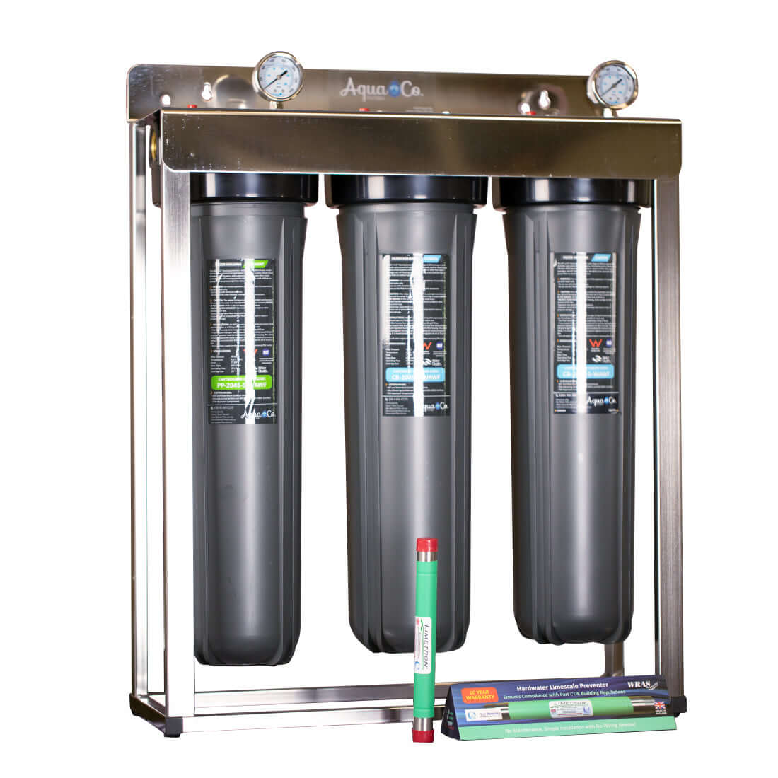 Inside view of the AquaCo Classic Triple Whole House Water Filter with Hard Water Conditioner. This system features pressure gauges on top and is equipped with large black and grey canisters encased in a sleek stainless steel cover, all supported by a sturdy steel frame for optimal performance and a Limetron positioned vertically at the bottom alongside its package.