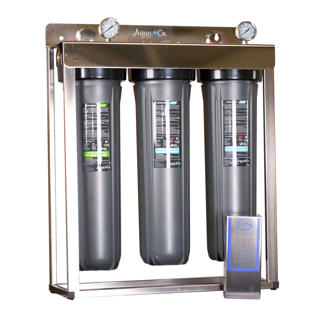 Inside view of the AquaCo Classic Triple Stage Whole House Water Filter with Grander Revitalisation showcasing the triple stage filtration, a stainless steel frame, gauges on top and a Grander Whole House unit at the bottom all encased in a sleek stainless steel cover for durability and style.
