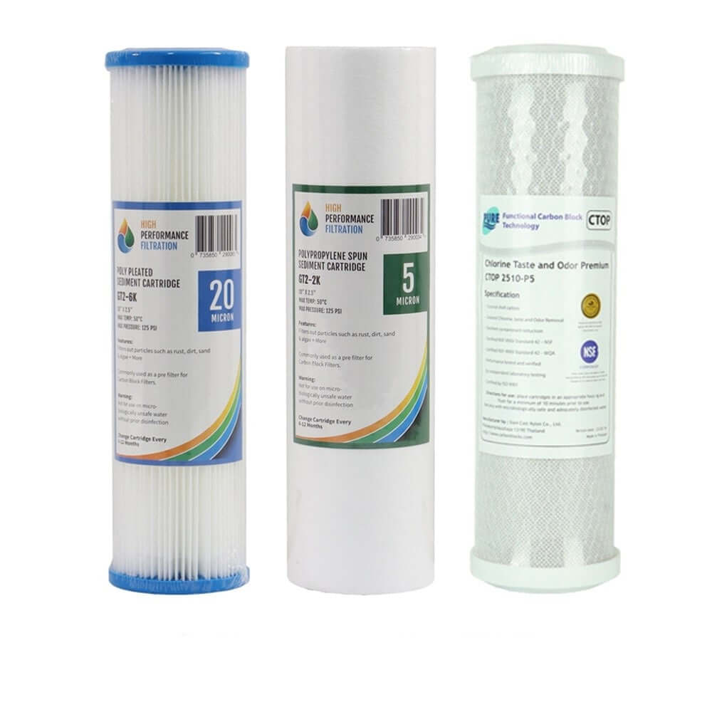 Three cartridges: a blue pleated sediment cartridge, a white polyspun sediment filter, and a white carbon block cartridge for the Triple Stage 10" Under Sink Water Filter System with Ultraviolet Light and pH Neutralisation. Perfectly designed for under sink systems, these cartridges provide your home with clean and safe drinking water.