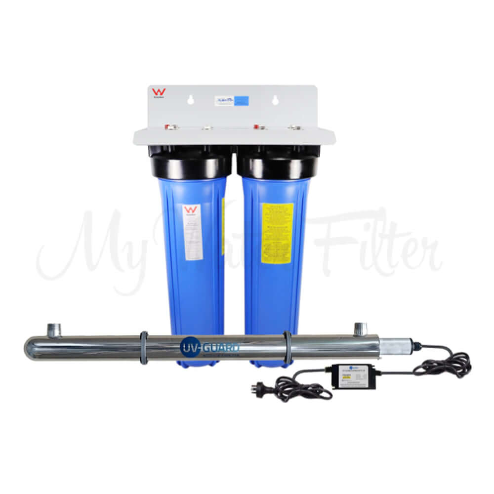 The My Water Filter MWF 20" x 4.5" Twin Big Blue Whole House Low Pressure Rain Water Tank Filter System, complete with an ultraviolet light, is elegantly showcased on a white background.