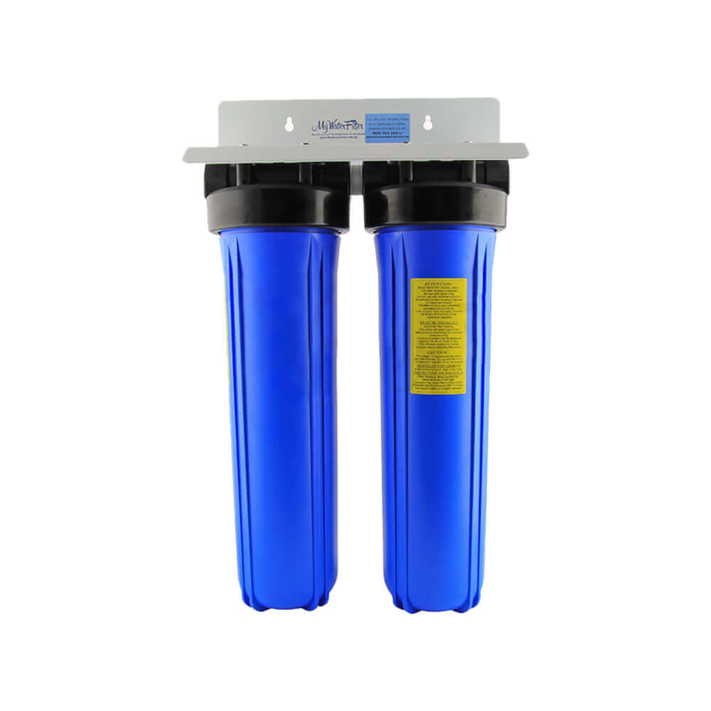 MWF 20" x 4.5" Twin Big Blue Whole House Water Filter System features blue filters with black caps on a white bracket.