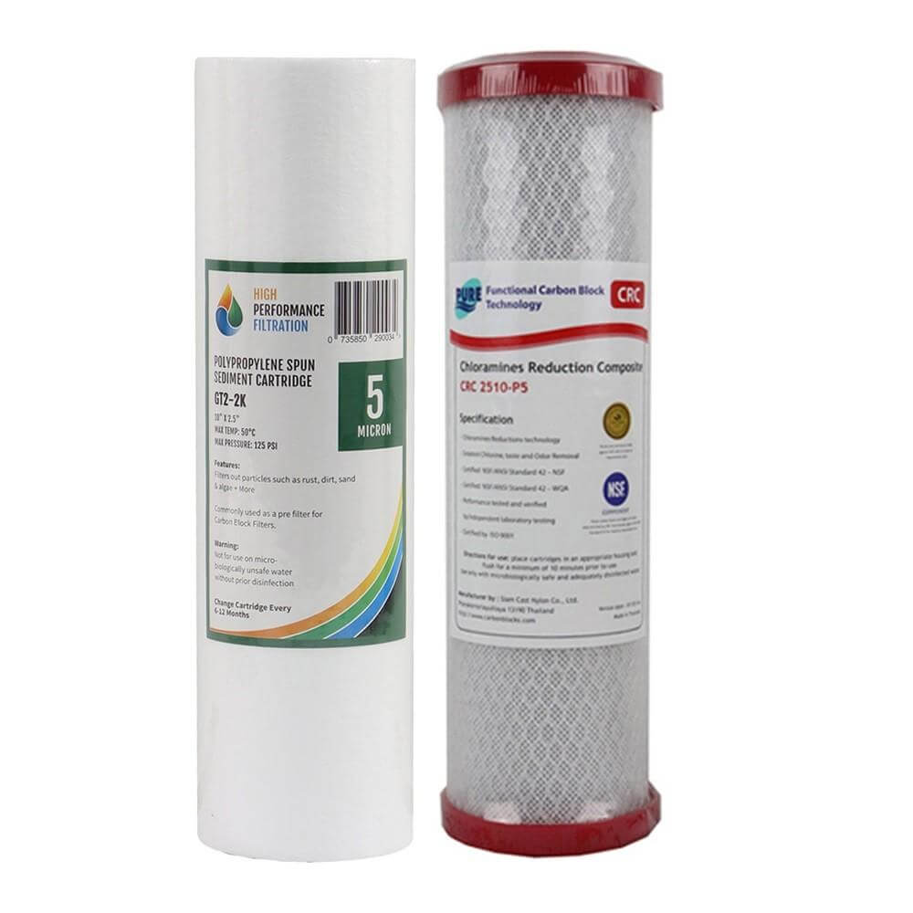 A pair of cartridges: one white polypropylene spun sediment cartridge and one carbon block cartridge with red end caps for water filtration.