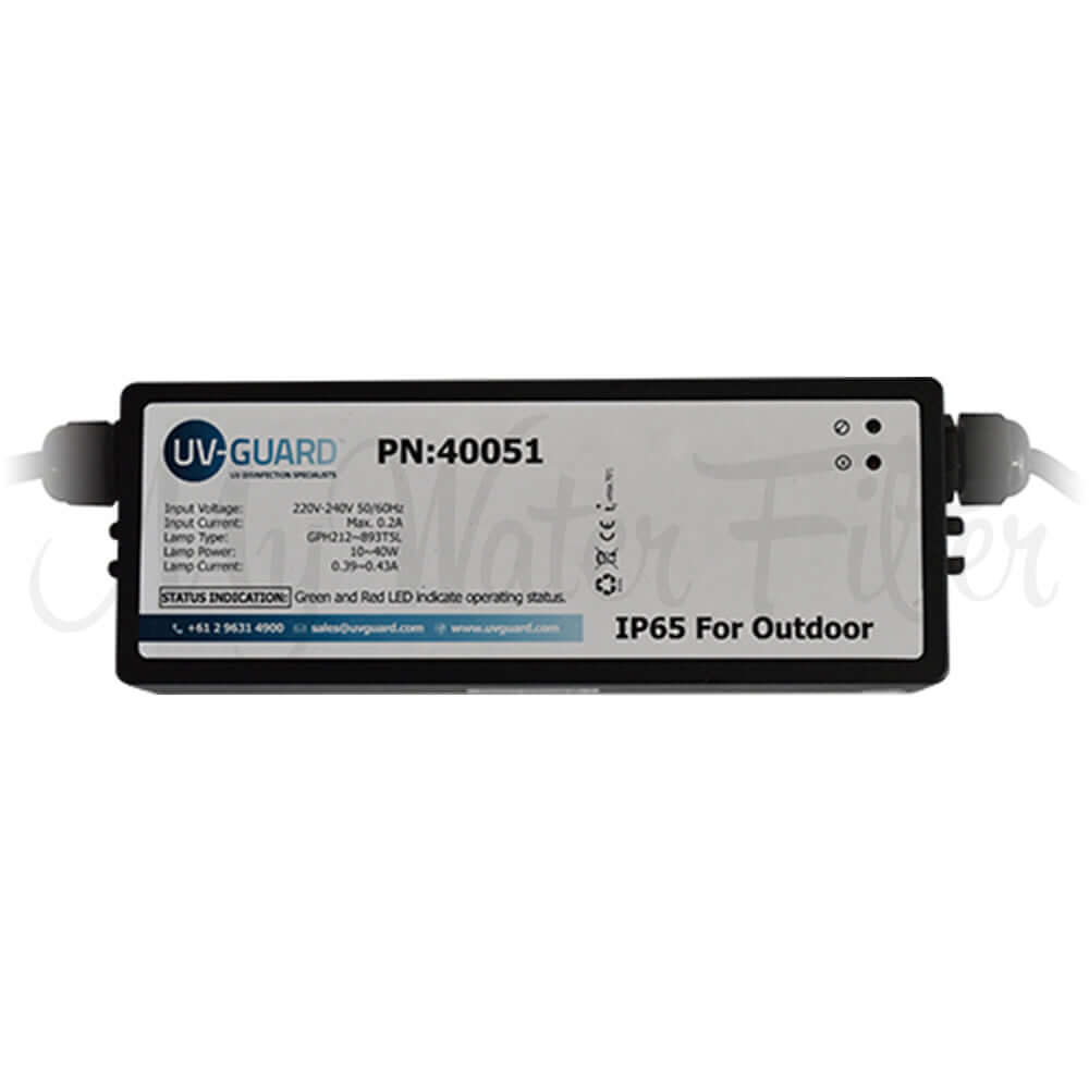 The UV Guard UV Controller 40051 features a rectangular, waterproof controller with clearly labeled input and output specs. It's IP65 rated for outdoor use and includes Lamp On-Off LEDs.
