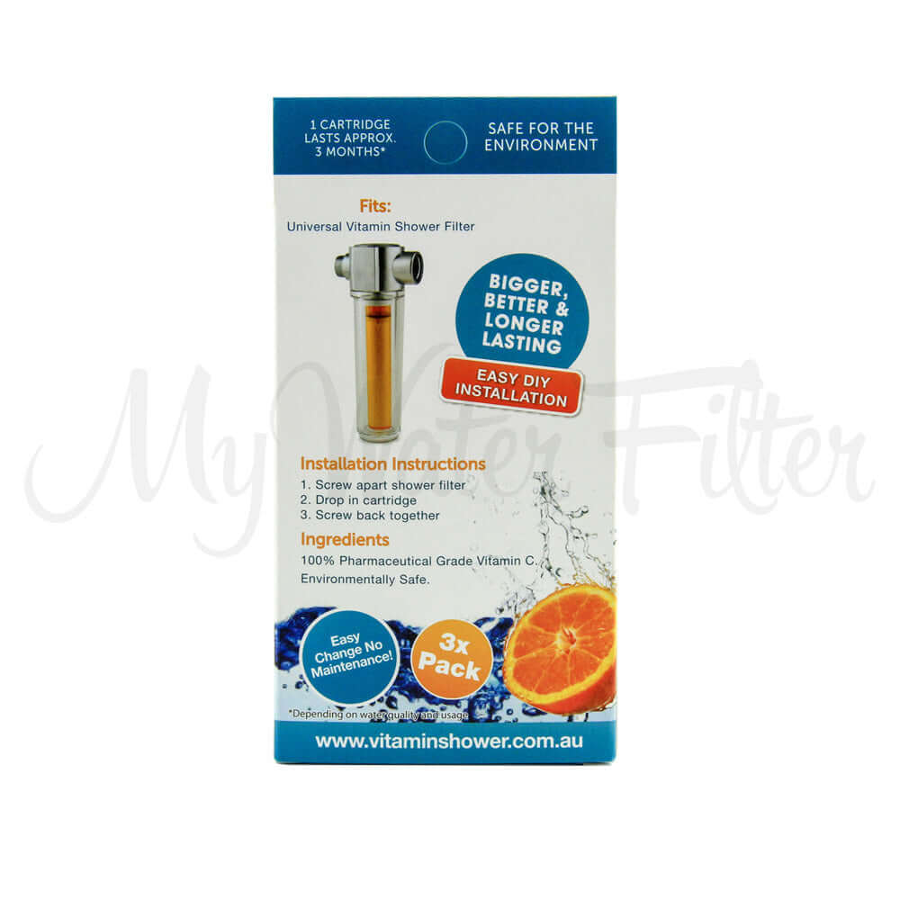 Vitamin Shower's 3 x Vitamin C Shower Longer Lasting Filter Replacement Cartridges. Enjoy a refreshing shower experience every time with easy cartridge replacement and filters that last longer.