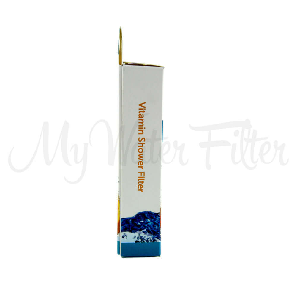 A box of Vitamin Shower's 3 x Vitamin C Shower Longer Lasting Filter Replacement Cartridges stands upright against a white background, promising extended filter benefits for an invigorating shower experience.