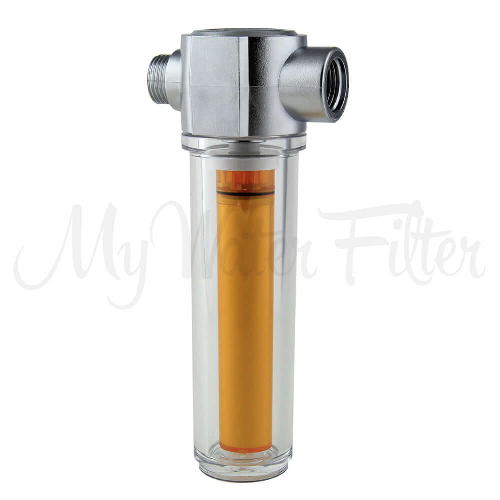 The Vitamin C Shower Filter with Longer Lasting Cartridge by Vitamin Shower showcases a vibrant orange filter encased within a transparent design, topped with a sleek metallic finish featuring two side connectors. The chrome head piece ensures both durability and efficiency.