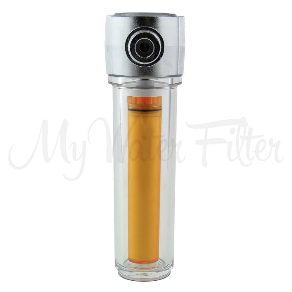 The Vitamin C Shower Filter by Vitamin Shower features a transparent housing with a chrome headpiece that showcases an orange filter cartridge inside, providing a longer-lasting solution for your shower needs.