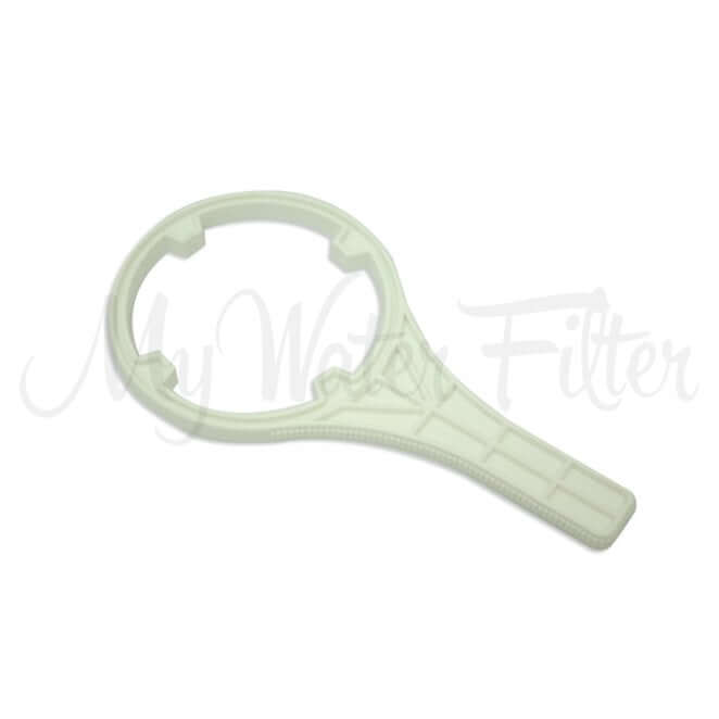 The Water Filter Housing Removal Tool is a white plastic wrench designed for opening and closing 10