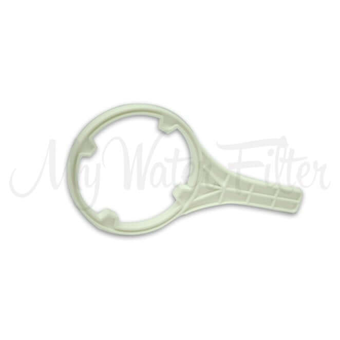 The Water Filter Housing Removal Tool is a white plastic wrench designed for opening and closing 10