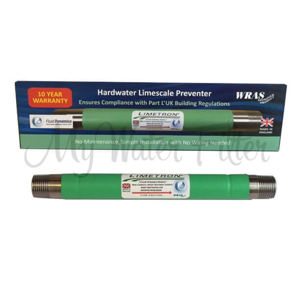 A Limetron Hard Water Conditioner features metal ends in 1/2