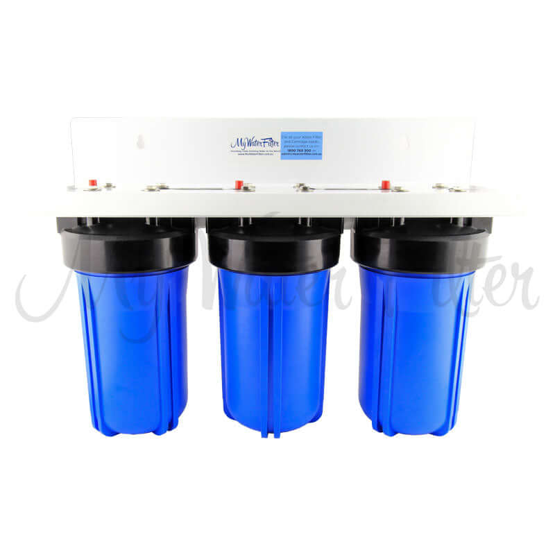 The MWF 10" x 4.5" Triple Big Blue Whole House Water Filter System by My Water Filter comes with black caps and a white mounting bracket, effectively reducing chlorine to meet your entire household's water filtration needs.