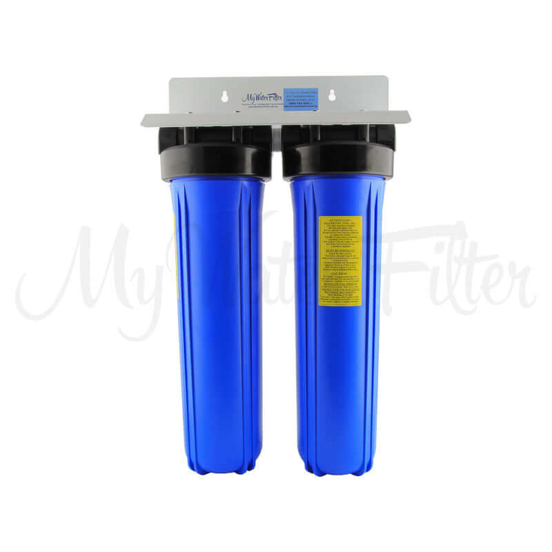 Mounted on a metal bracket against a plain white background are two My Water Filter MWF 20