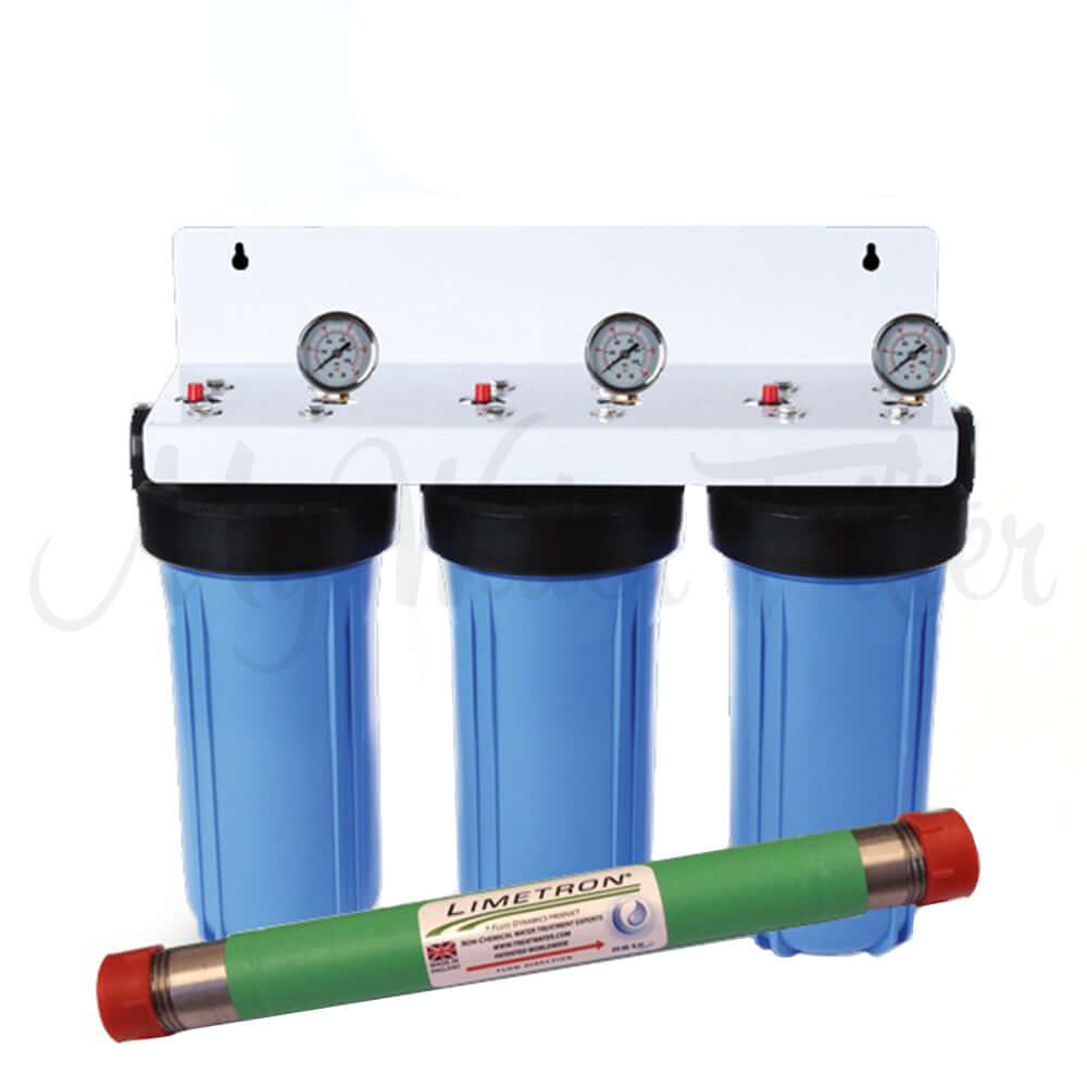 The My Water Filter MWF 10" x 4.5" Triple Big Blue Whole House Water Filter System, complete with a hard water conditioner, features three blue canisters and a green sediment filter for effective contaminant removal.