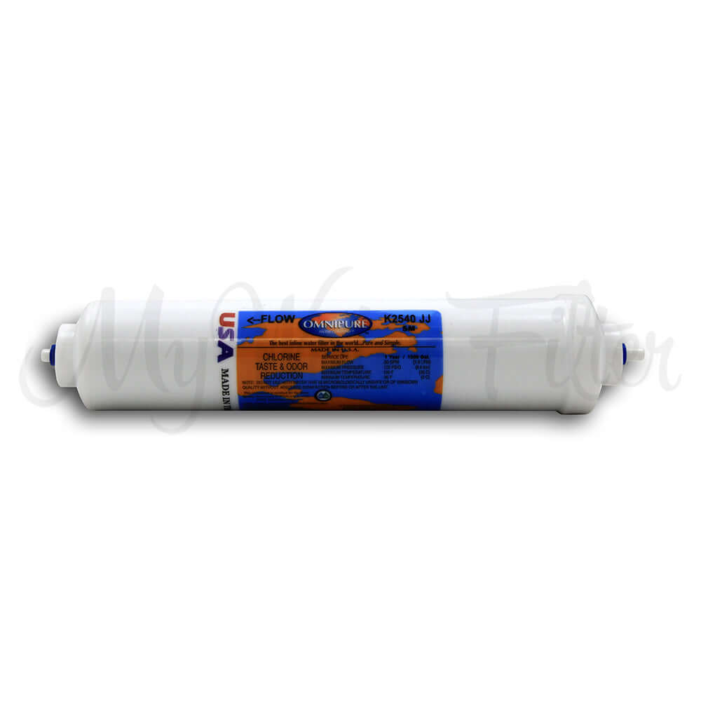 White Omnipure inline water filter cartridge featuring a blue and orange label with text and logos.