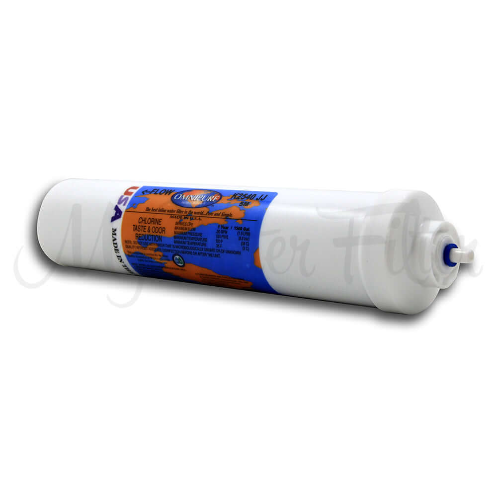An Omnipure Inline Filter K2540 JJ with a blue and orange label, featuring a cylindrical design, is a 10