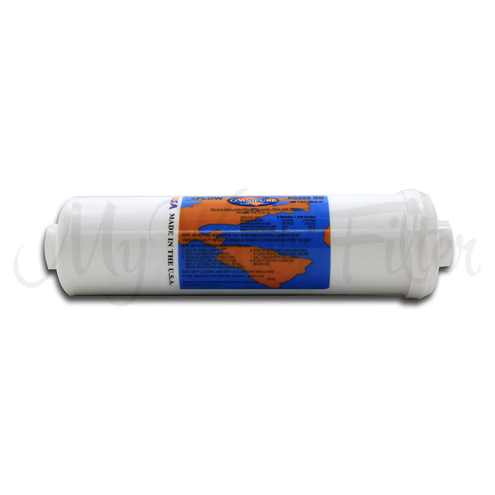 Omnipure Inline Filter K5555 BB, a white 10" x 2.5" filter replacement cartridge with blue and orange label