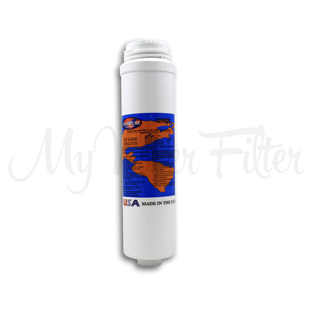 USA Made Omnipure Q5505 5 Micron water filter cartridge features an orange and blue label, providing Polyspun Sediment Removal with a quick-change design, constructed from polypropylene, and measuring 10 inches.