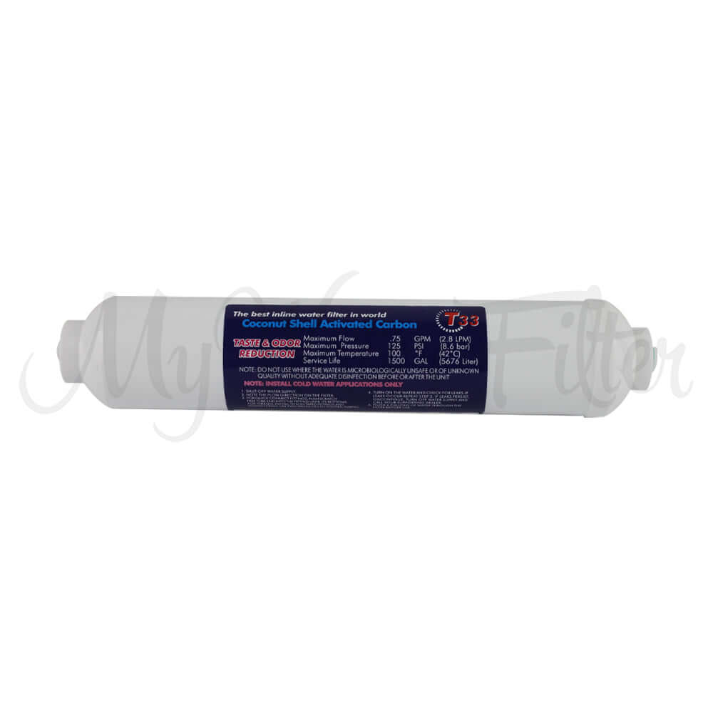 A white inline carbon water filter with a blue label from the Replacement Cartridge Pack for RO 5000 Bench Top Reverse Osmosis Pure Water System with Added Minerals & Low Alkaline.