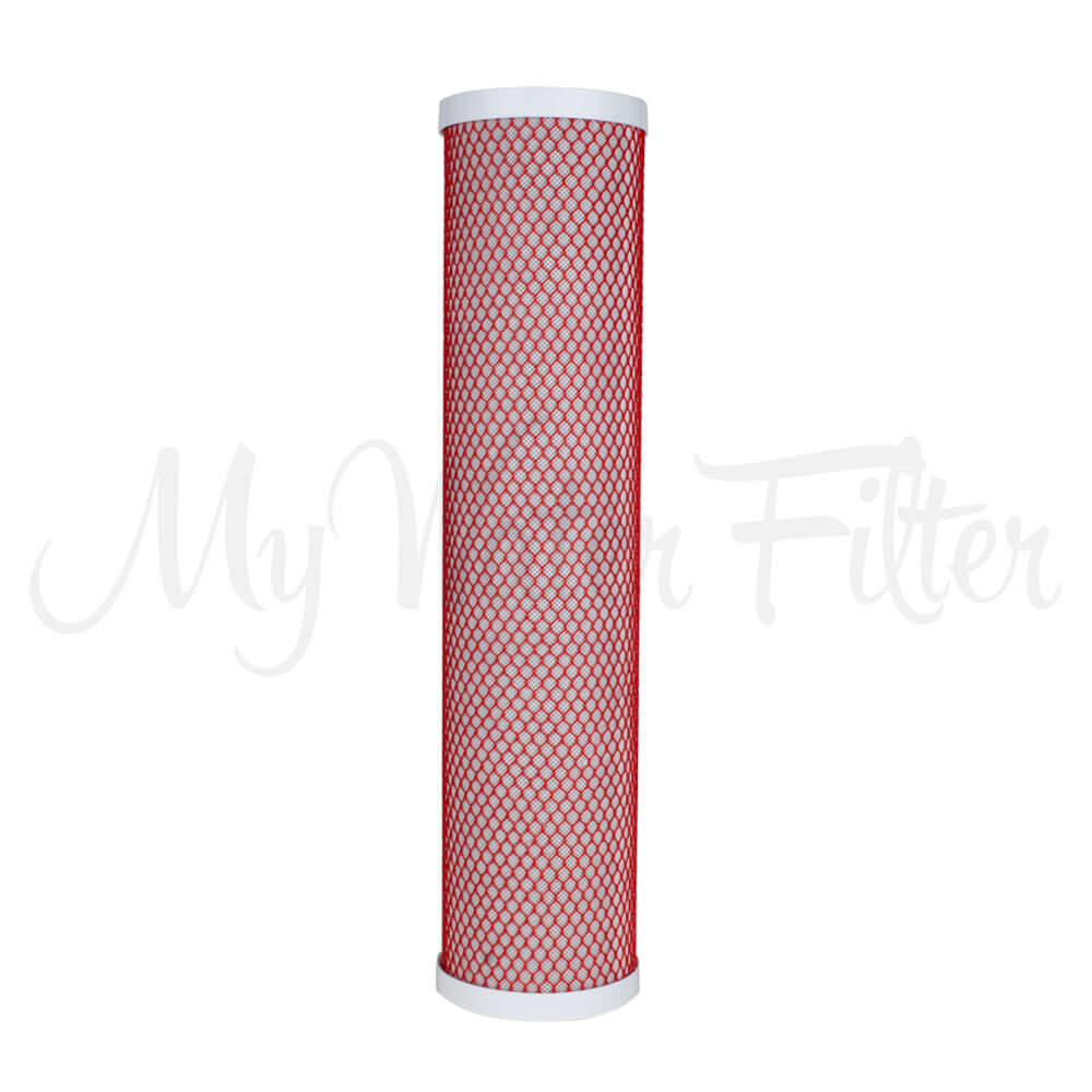 20" x 4.5" Aragon cylindrical water filter replacement cartridge in red mesh and white end caps