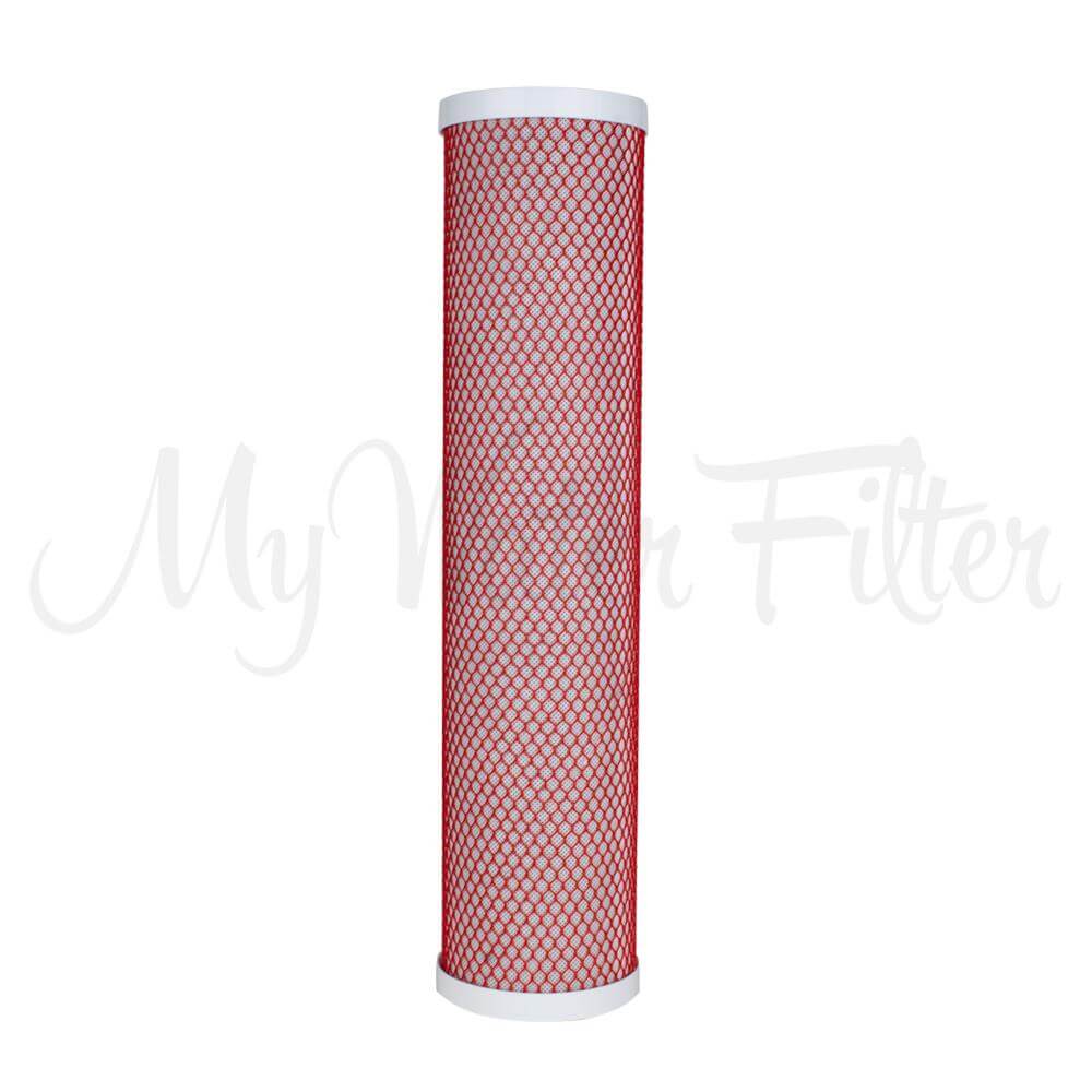 The Replacement Cartridge Pack for the MWF 20" x 4.5" Twin Big Blue Whole House Rain Water Tank Water Filter System with Aragon, featuring a red and white cylindrical design, is displayed on a white background.