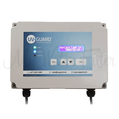 UV Guard UV Controller 50044-N Weatherproof featuring a display that reads "Replace Lamp," along with Lamp On/Off LEDs, a Lamp Fail Alarm, and a Digital Lamp Life Timer.
