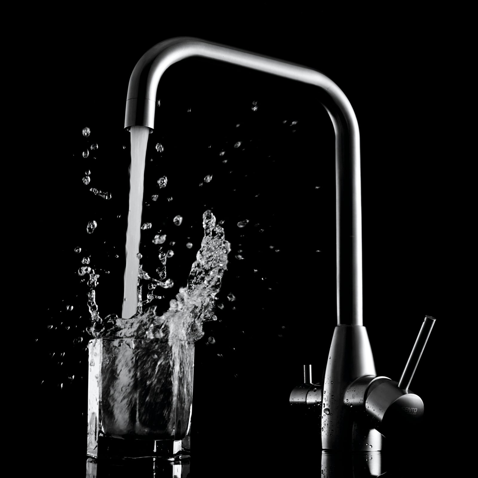 3 Way Mixer Tap - Rounded Square Neck - Stainless Steel with water