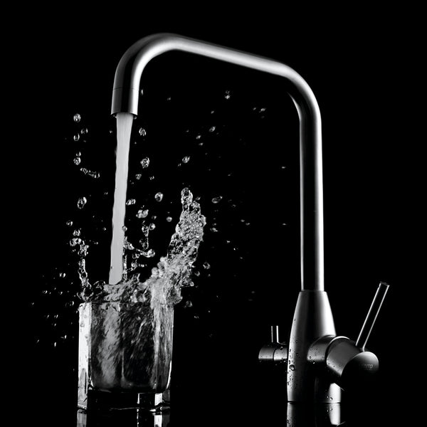 3 Way Mixer Tap - Rounded Square Neck - Stainless Steel with water