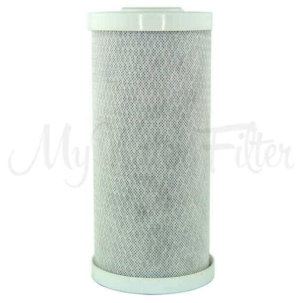 A white cylindrical carbon block water filter cartridge with dotted mesh and solid top and bottom caps.