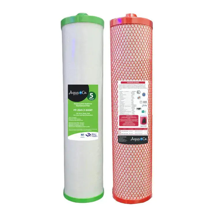 Two AquaCo replacement water filter cartridges: one sediment filter features a green cap and label, while the Aragon is encased in red mesh with detailed specifications, from the AquaCo Premium Twin Whole House Water Filter for Rain or City Water.