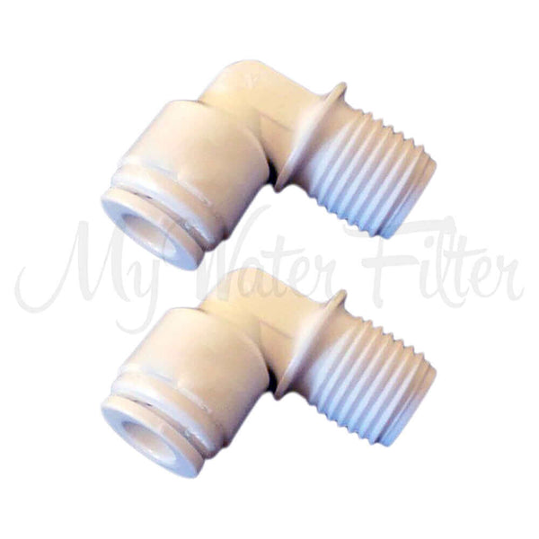 Two elbow connectors from 2 x 1/4" Thread x 1/4" push in elbow, made of white plastic for water filters