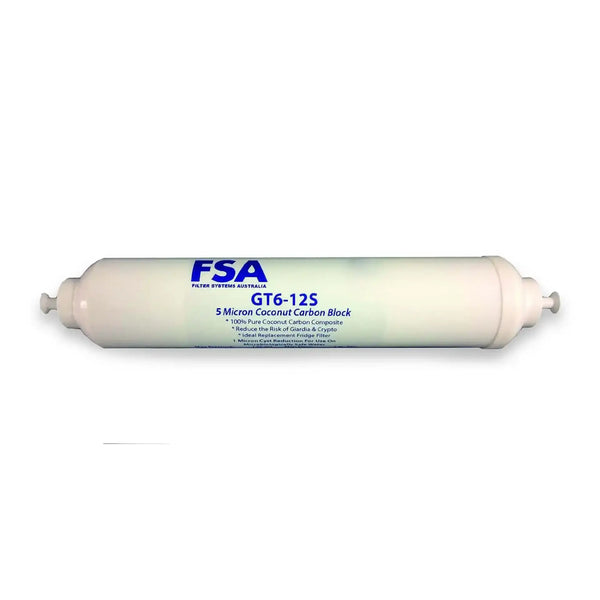 A white inline water filter cartridge, model FSA GT6-12S, featuring a 5-micron coconut carbon block design.