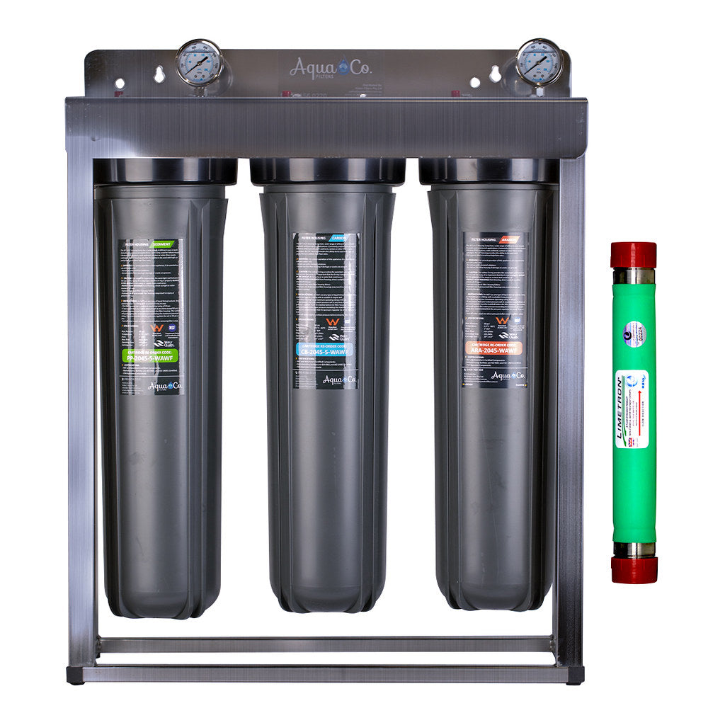 AquaCo Premium Triple Stage Whole House Water Filter with Hard Water Protection